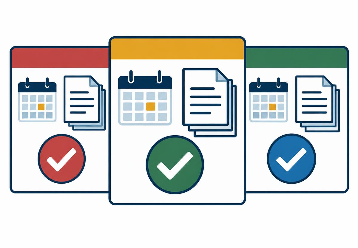 Illustration of three status cards in red, amber and green, a calendar, a stack of documents and a checkmark approval badge.